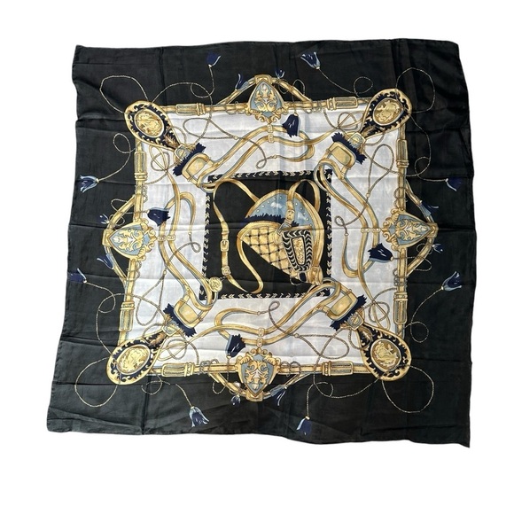 Designer 100% Silk Scarf with Gold and Black Pattern - Picture 3 of 6